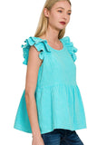 Double Ruffle Acid Washed Peplum Top | Mint