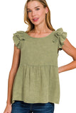 Double Ruffle Acid Washed Peplum Top | Olive