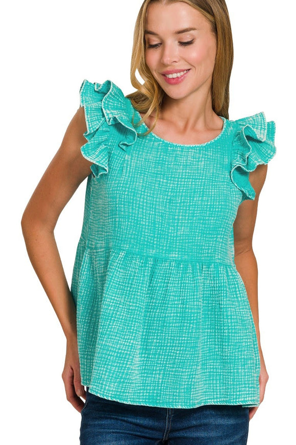 Double Ruffle Acid Washed Peplum Top | Turquoise