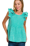 Double Ruffle Acid Washed Peplum Top | Turquoise