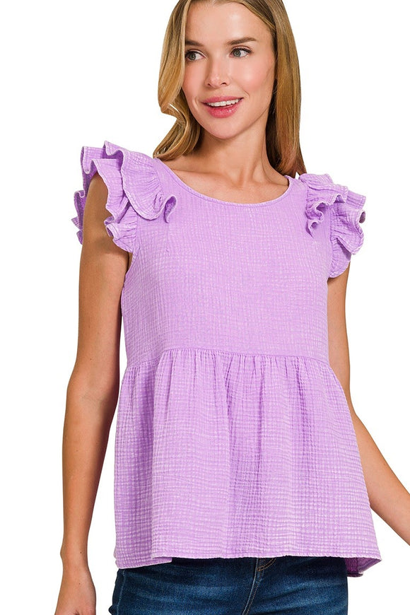 Double Ruffle Acid Washed Peplum Top | Lavender
