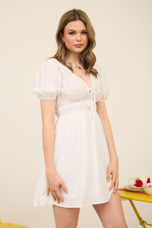Plunging V-Neck Bow Front Dress | Off White