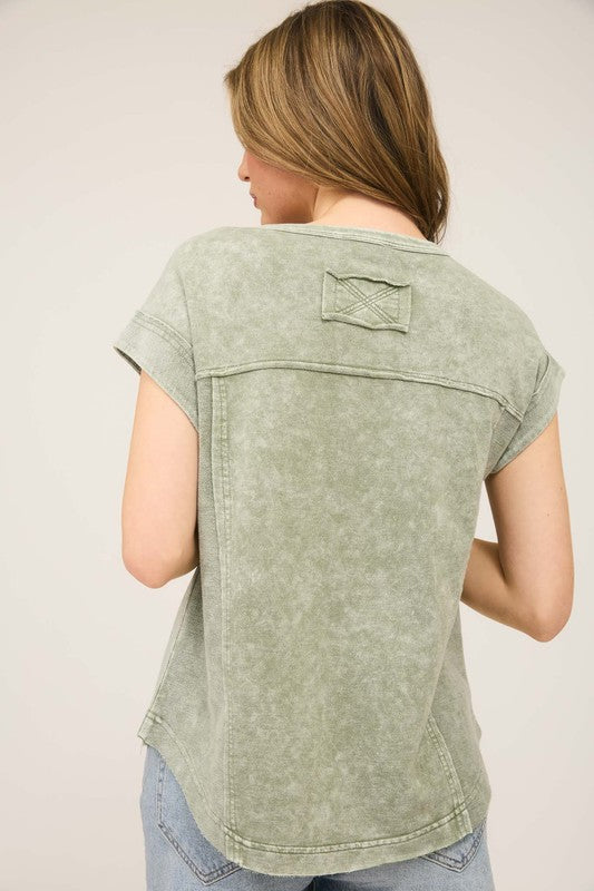 Henley Exposed Seam Knit Top | Light Olive