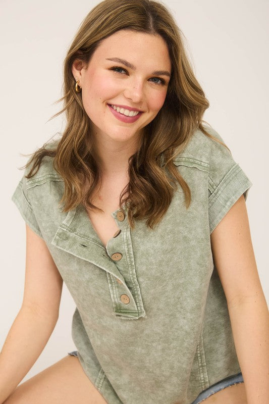 Henley Exposed Seam Knit Top | Light Olive