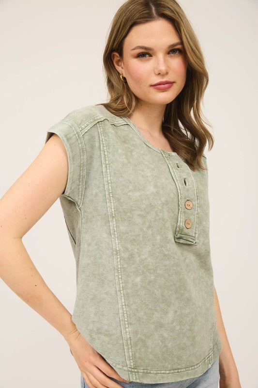 Henley Exposed Seam Knit Top | Light Olive