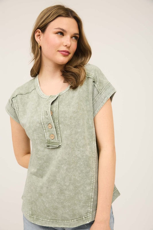 Henley Exposed Seam Knit Top | Light Olive