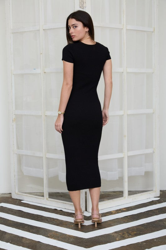 Ribbed Knit Fitted Midi Dress | Black