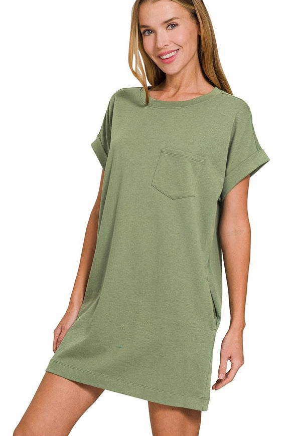 Premium Cotton T-Shirt Dress | Light Olive