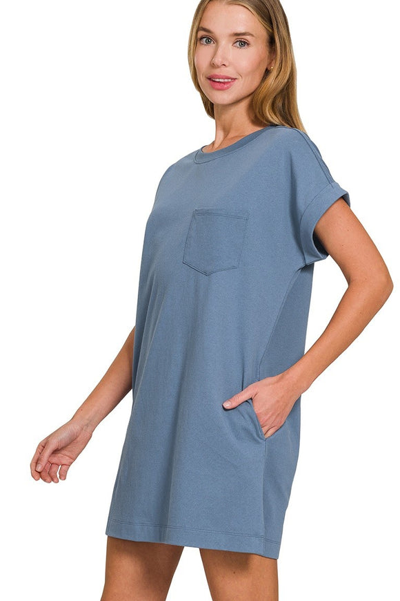 Premium Cotton T-Shirt Dress | Dusty Blue