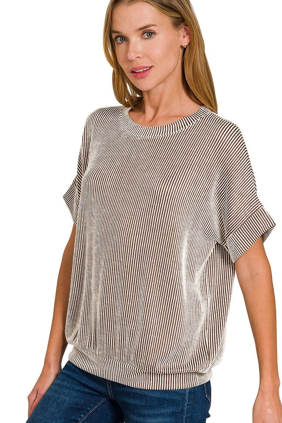 Banded Ribbed Top | Brown