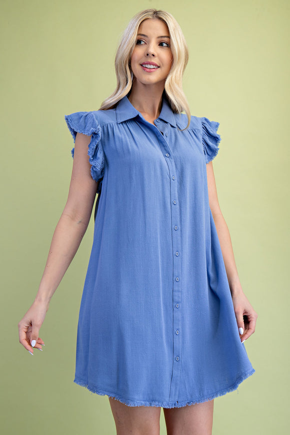 Linen Raw Edge Button Down Dress | Periwinkle