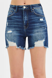 Risen Denim Shorts | High Rise Mid Thigh Distressed