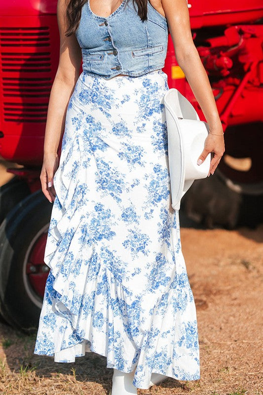 Western Floral Ruffle Slit Skirt | Blue