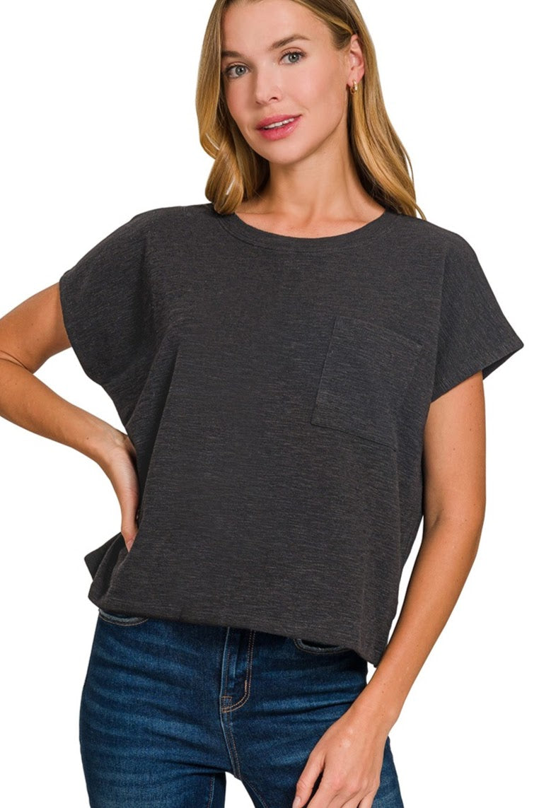 Cotton Slub Boxy Crop Top | Black