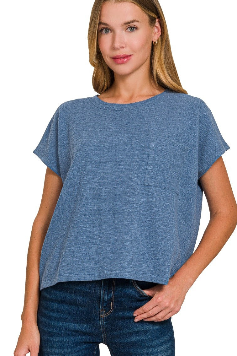 Cotton Slub Boxy Crop Top | Dusty Blue