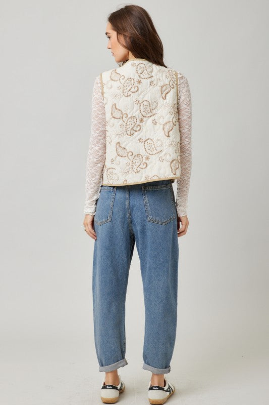 Quilted Embroidered Detailed Vest | Natural