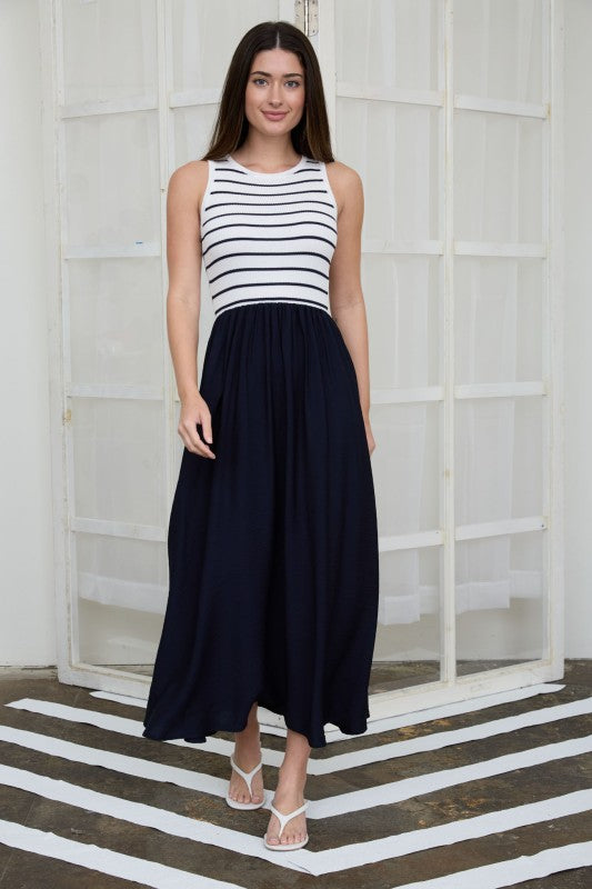 Striped Tank Mixed Media Midi Dress | Ivory/Black