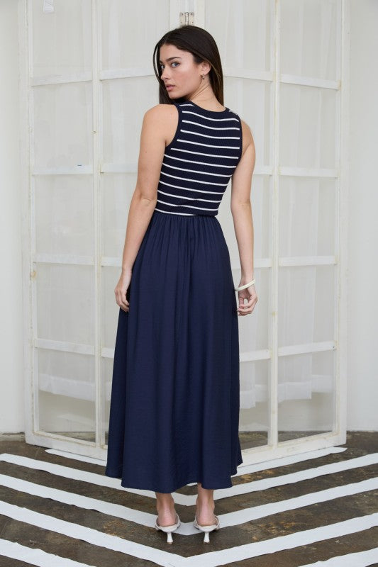 Striped Tank Mixed Media Midi Dress | Navy/Ivory