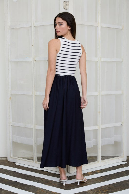 Striped Tank Mixed Media Midi Dress | Ivory/Black
