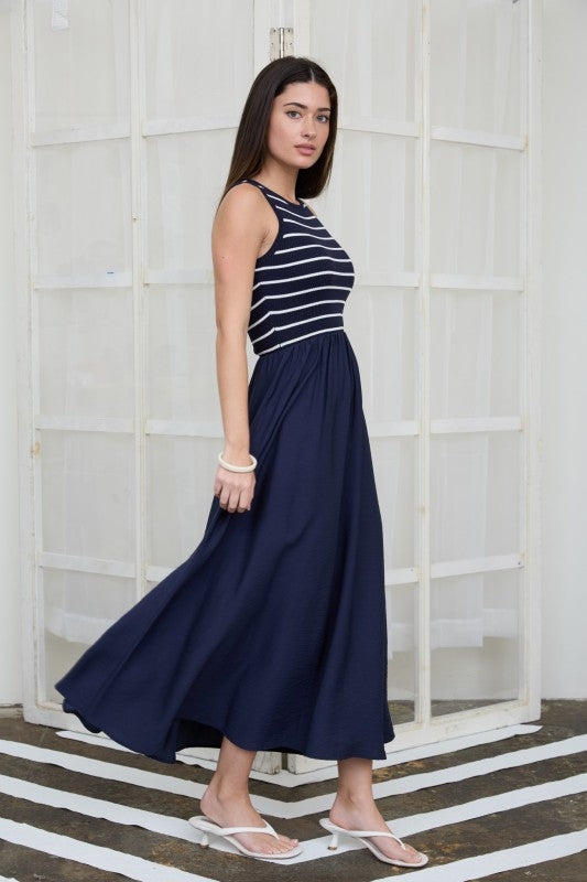 Striped Tank Mixed Media Midi Dress | Navy/Ivory