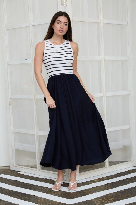 Striped Tank Mixed Media Midi Dress | Ivory/Black