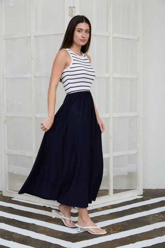 Striped Tank Mixed Media Midi Dress | Ivory/Black