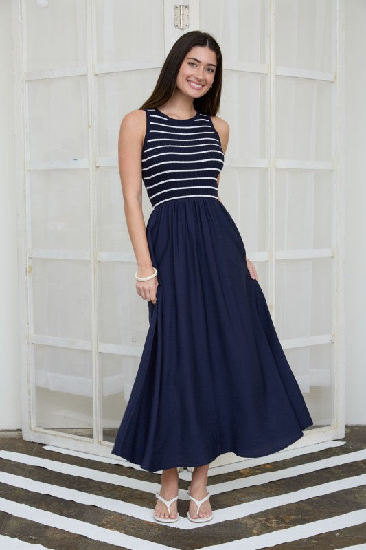 Striped Tank Mixed Media Midi Dress | Navy/Ivory