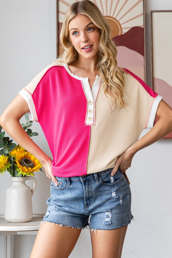 Color block Button Hi Low Top | Hot Pink