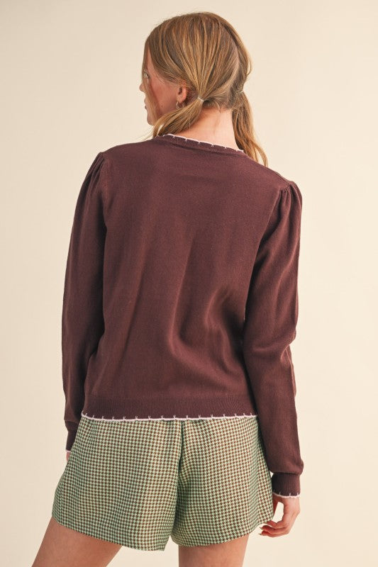 Scalloped Edge Contrast Top | Hot Chocolate/Pink