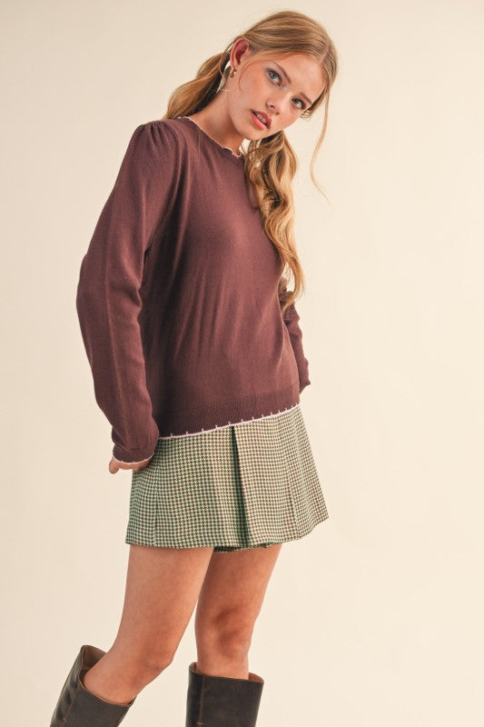 Scalloped Edge Contrast Top | Hot Chocolate/Pink