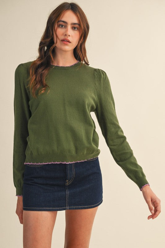 Scalloped Edge Contrast Top | Olive/Lavender