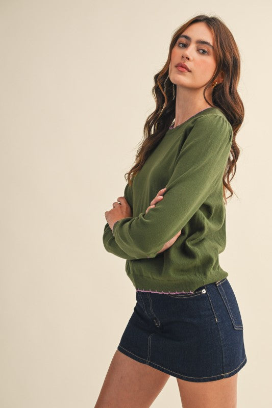 Scalloped Edge Contrast Top | Olive/Lavender