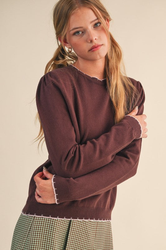 Scalloped Edge Contrast Top | Hot Chocolate/Pink