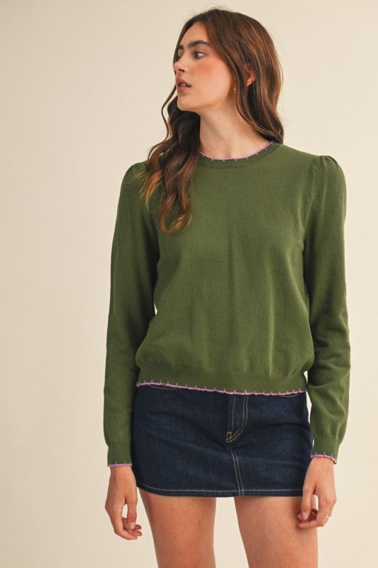 Scalloped Edge Contrast Top | Olive/Lavender