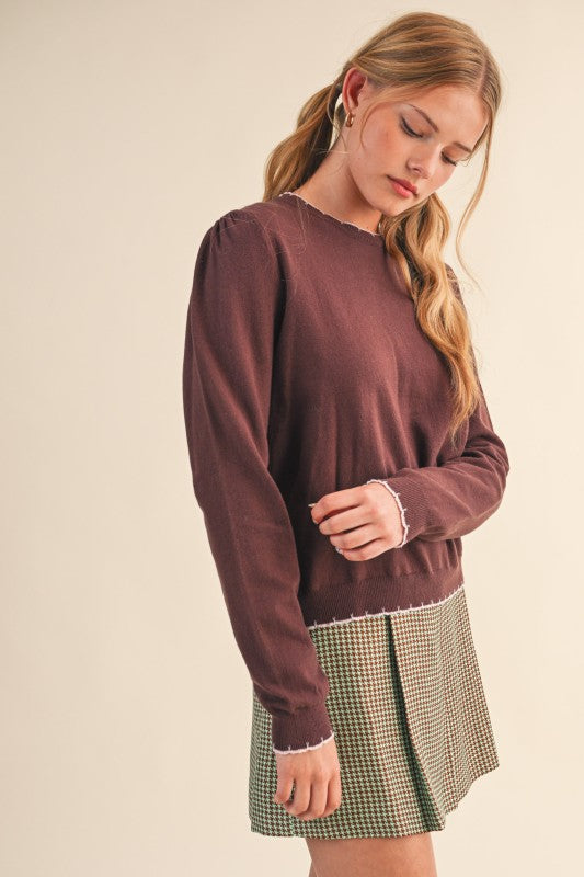 Scalloped Edge Contrast Top | Hot Chocolate/Pink