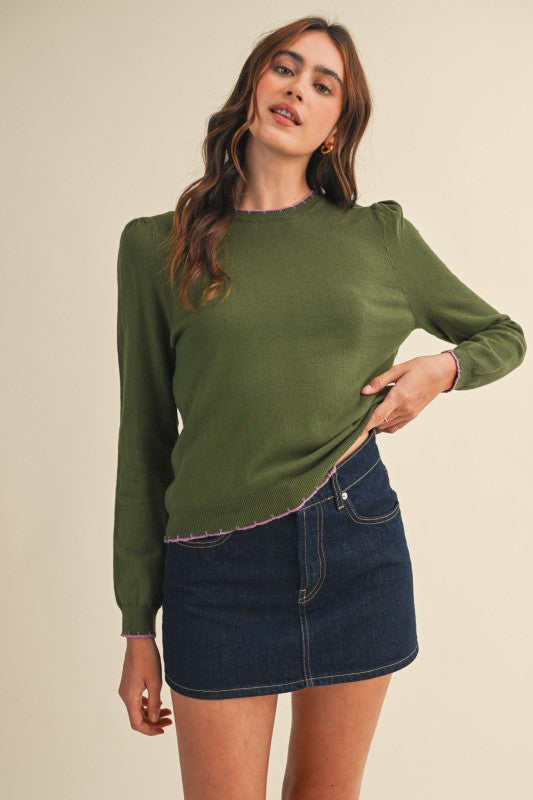 Scalloped Edge Contrast Top | Olive/Lavender