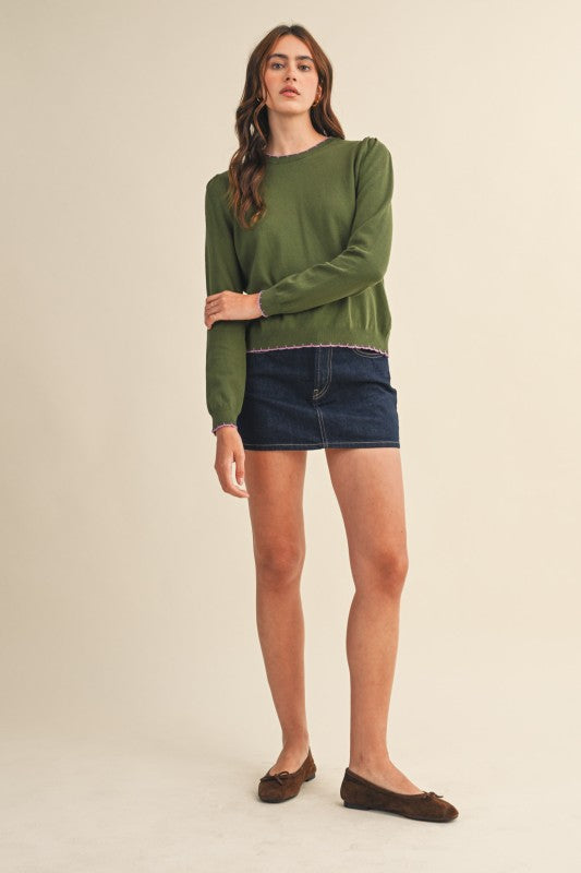 Scalloped Edge Contrast Top | Olive/Lavender