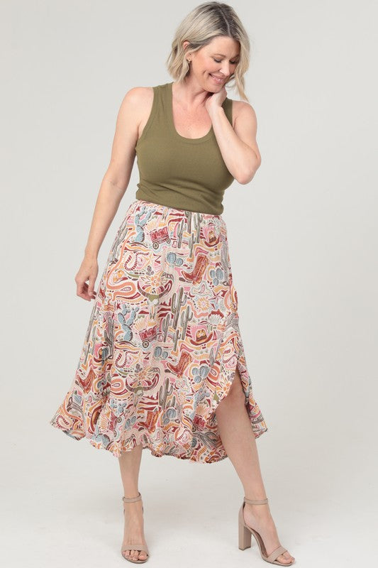 Western Cactus Ruffle Slit Midi Skirt | Cream