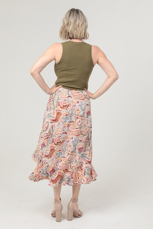 Western Cactus Ruffle Slit Midi Skirt | Cream