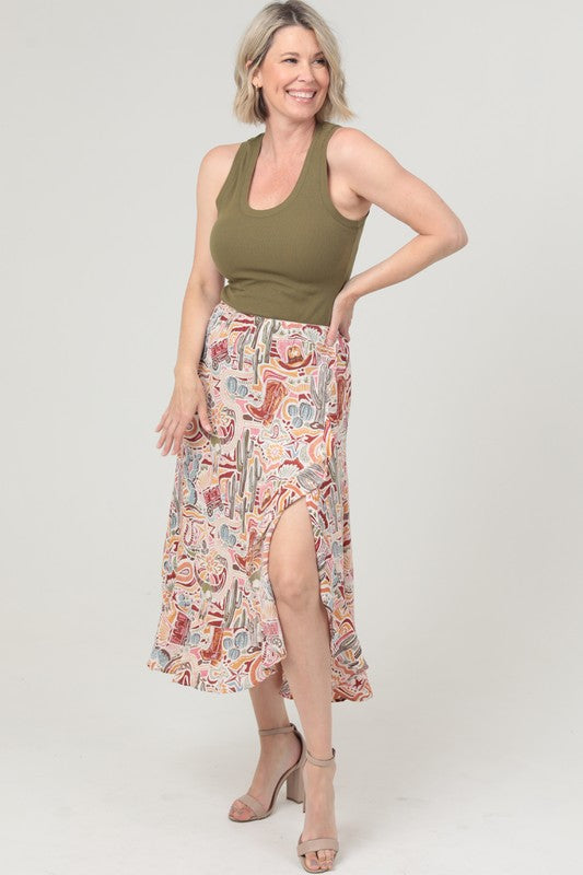 Western Cactus Ruffle Slit Midi Skirt | Cream