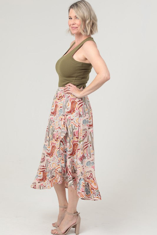 Western Cactus Ruffle Slit Midi Skirt | Cream