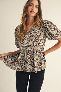Leopard Floral Peplum Top | Oatmeal