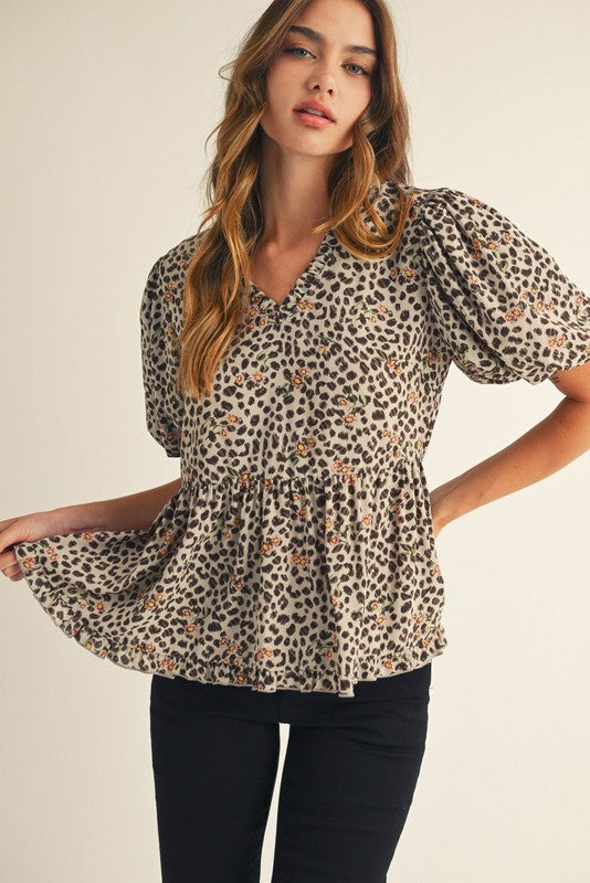 Leopard Floral Peplum Top | Oatmeal
