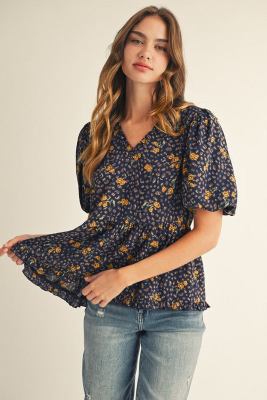 Leopard Floral Peplum Top | Navy