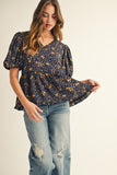 Leopard Floral Peplum Top | Navy