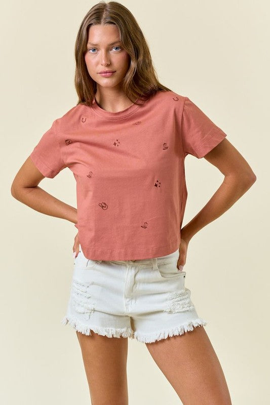 Cowgirl Embroidered Crop Top | Terra Cotta