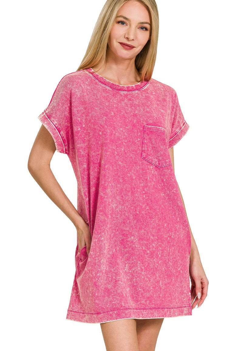 Washed Cotton T-Shirt Dress | Hot Pink