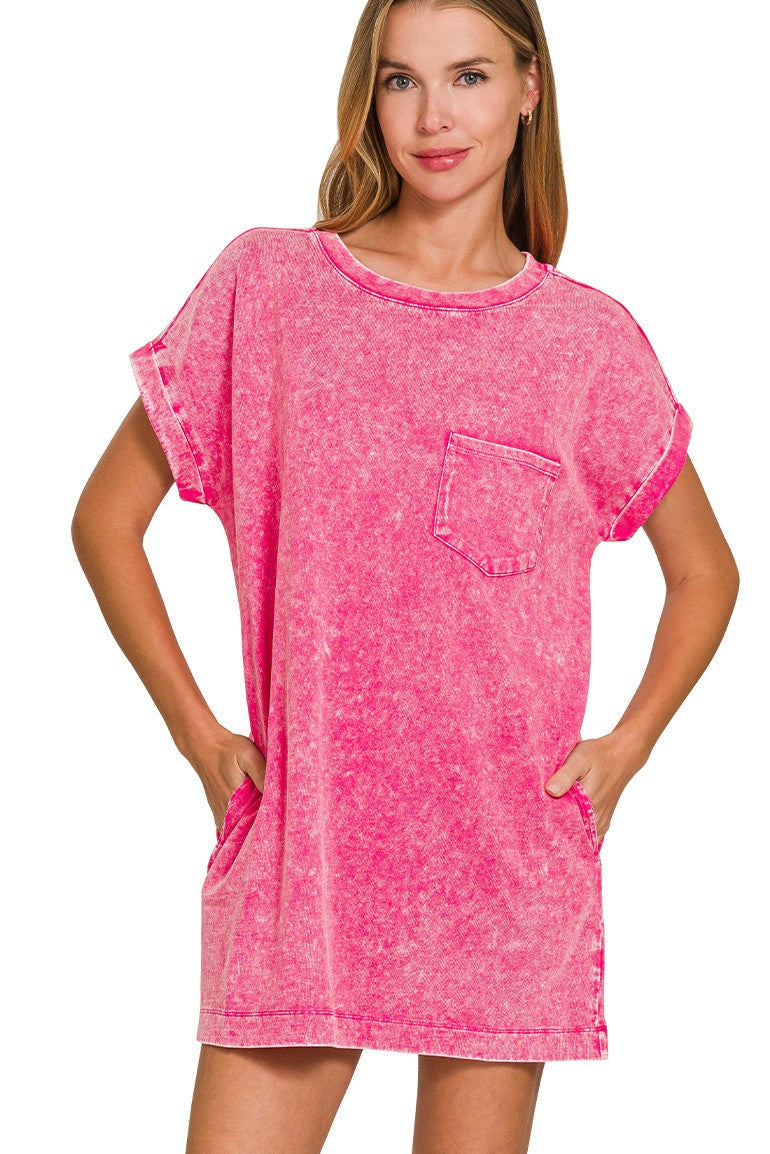 Washed Cotton T-Shirt Dress | Hot Pink