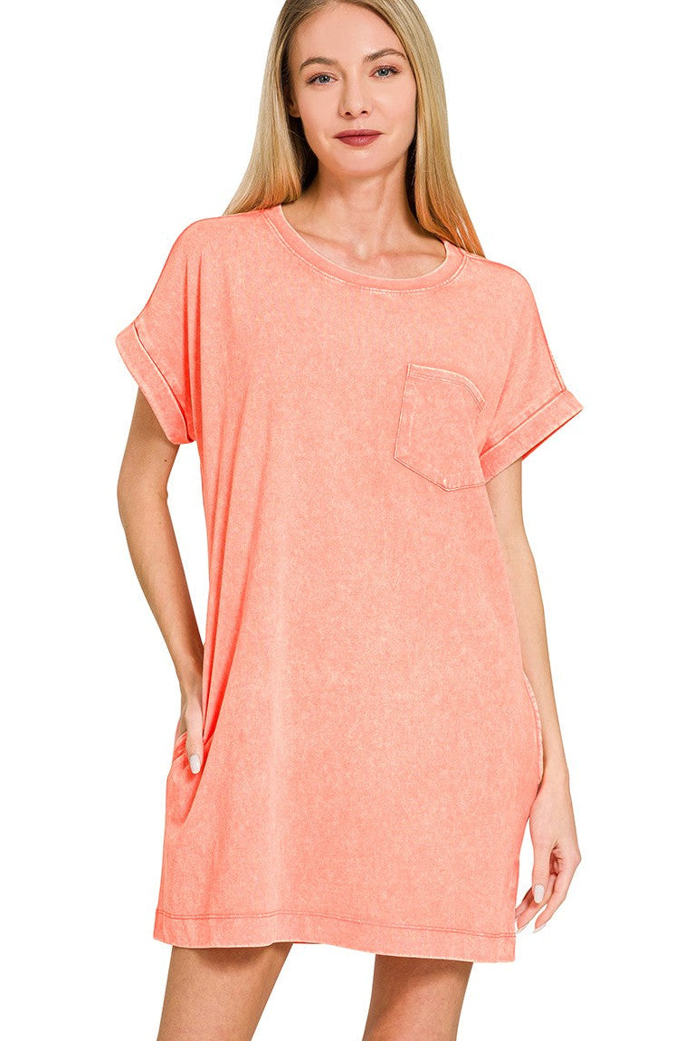 Washed Cotton T-Shirt Dress | Coral