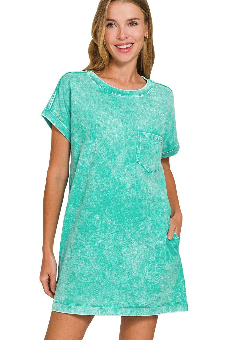 Washed Cotton T-Shirt Dress | Turquoise